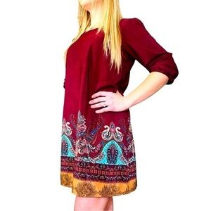 Bebop mini boxy boho burgundy dress Women L paisley pattern 3/4 sleeves scooped